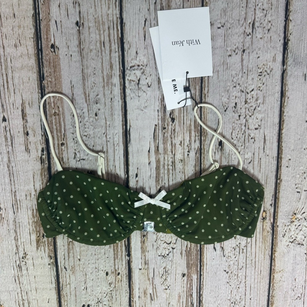 With Jean Jeanie Underwire Bikini Top XS Green Polka Dot Print White Bow NWT